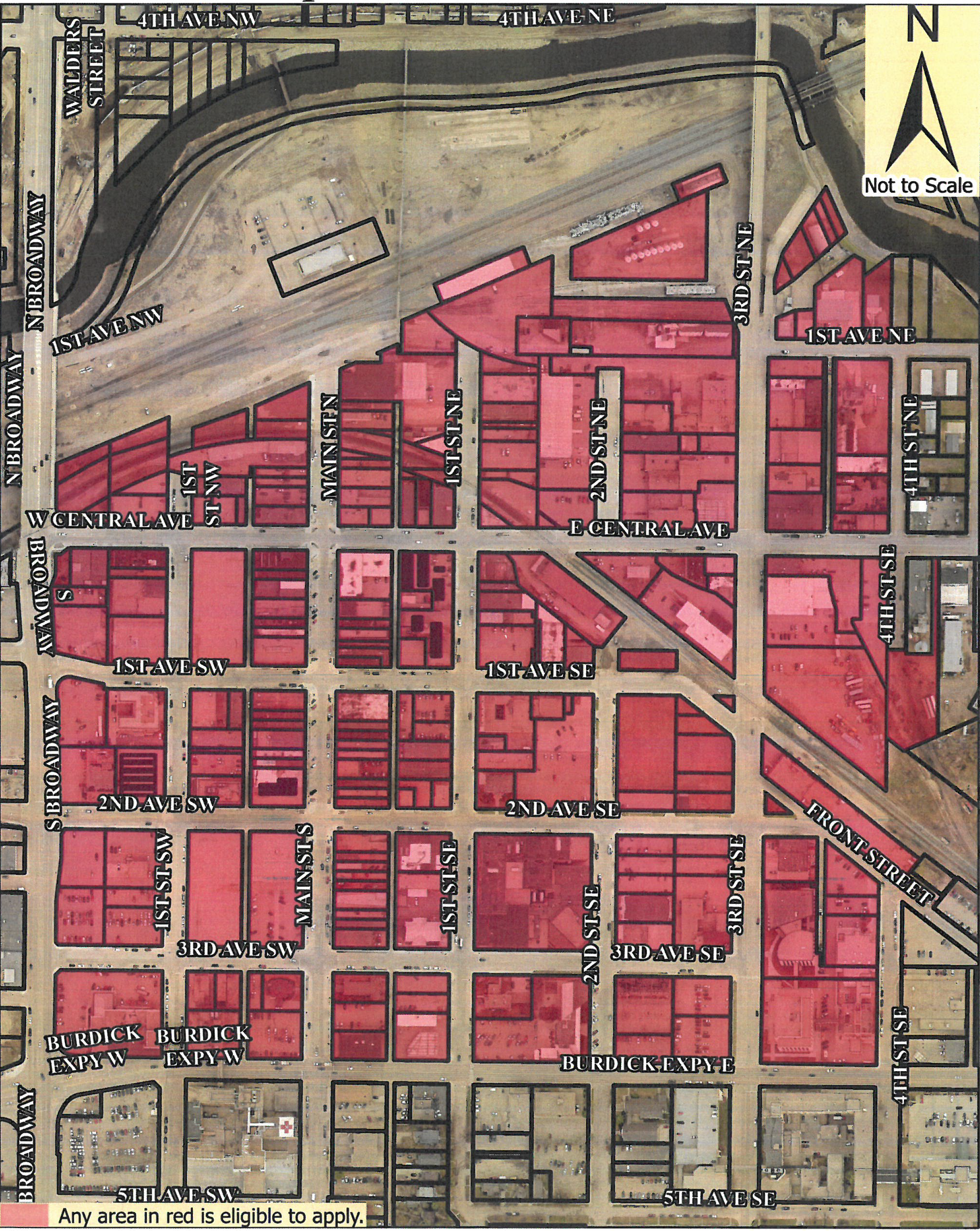 A map of downtown Minot that includes red shading for eligible properties