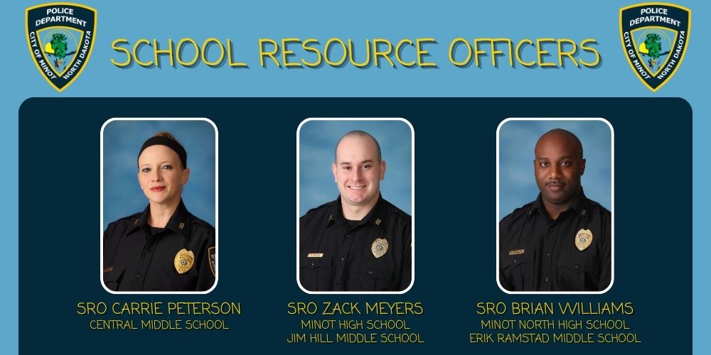 2025 School Resource Officers. Left to Right SRO Carrie Peterson, SRO Zack Meyers, SRO Brian William
