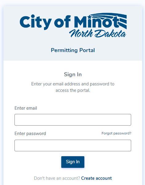 Screenshot of the City's online permitting portal login page